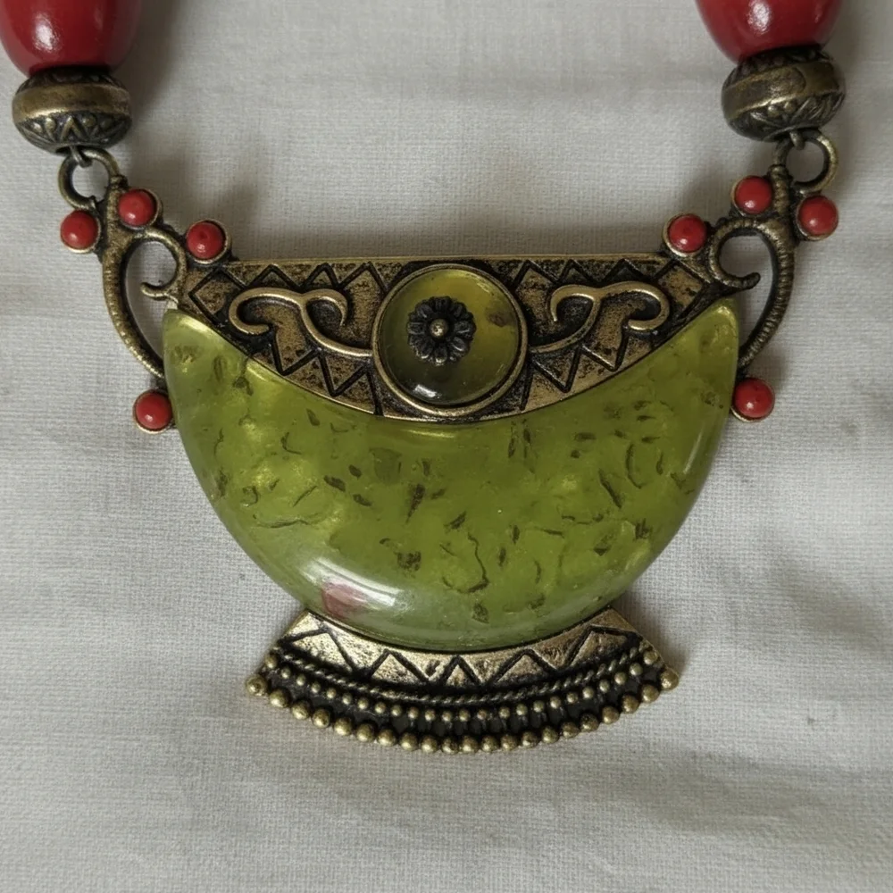 Handcrafted Green and Red Handmade Boho Beaded Necklace